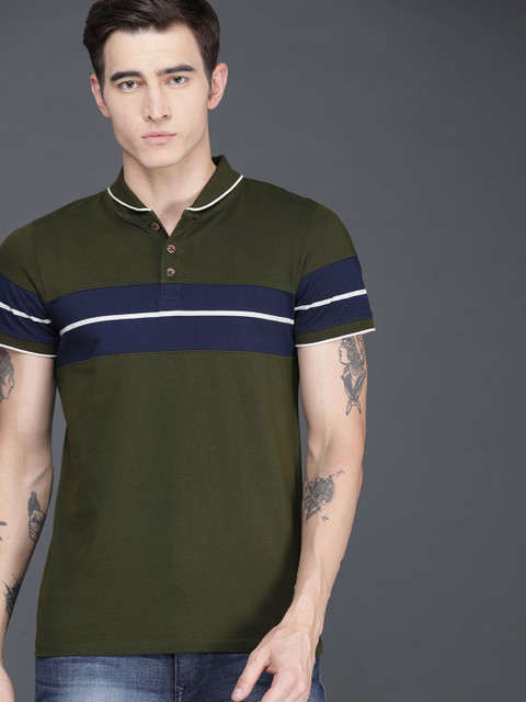 

WROGN Men Olive Green Striped Polo Collar T-shirt