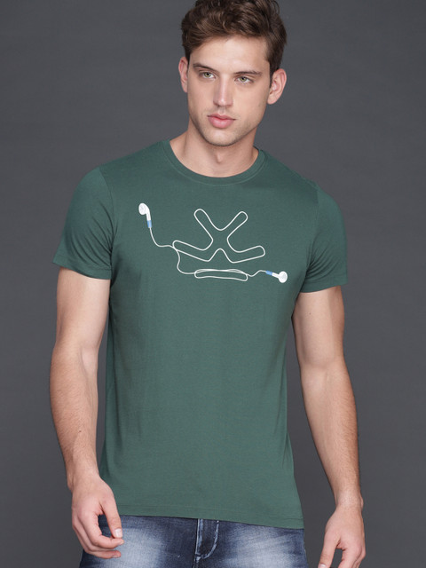 

WROGN Men Green Printed Slim Fit Round Neck T-shirt