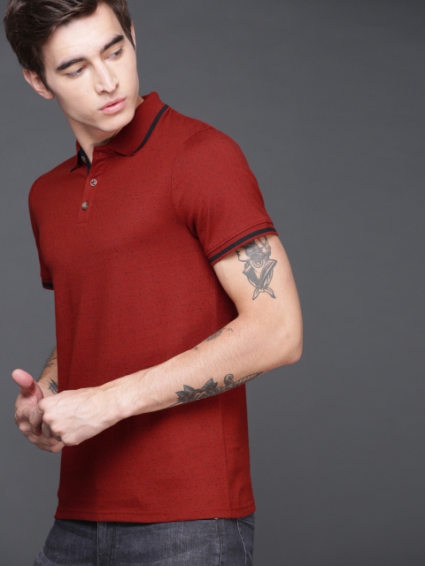 

WROGN Men Rust Orange Black Slim Fit Printed Polo Collar Pure Cotton T-shirt