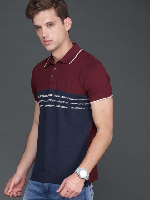 

WROGN Men Maroon, Navy Blue & Off-White Striped Polo Collar T-shirt
