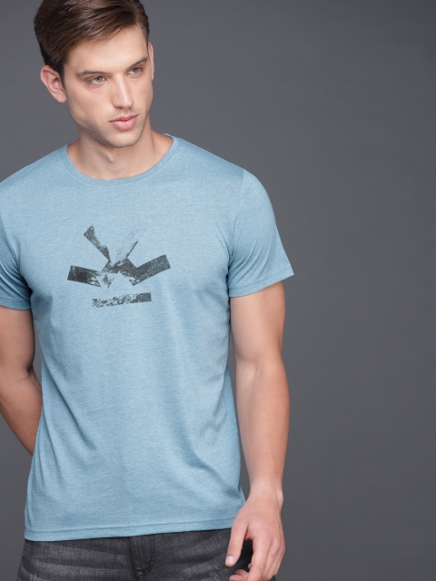 

WROGN Men Blue Slim Fit Printed Round Neck T-shirt