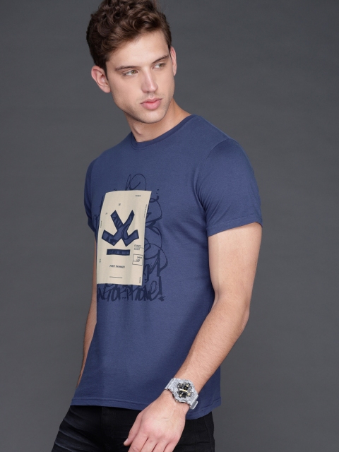 

WROGN Men Blue Printed Round Neck T-shirt