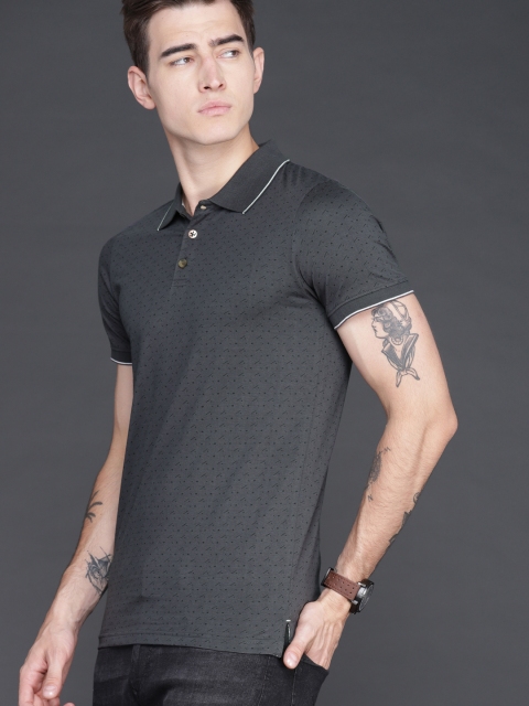 

WROGN Men Charcoal Grey Printed Polo Collar T-shirt