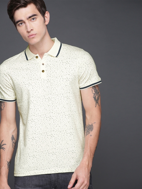 

WROGN Men Cream-Coloured & Navy Blue Slim Fit Printed Polo Collar T-shirt