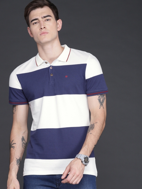 

WROGN Men White & Navy Blue Striped Polo Collar T-shirt