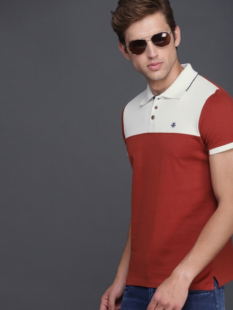 

WROGN Men Rust Orange & Off-White Colourblocked Polo Collar T-shirt