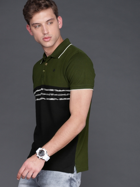 

WROGN Men Olive Green & Black Slim Fit Colourblocked Polo Collar T-shirt