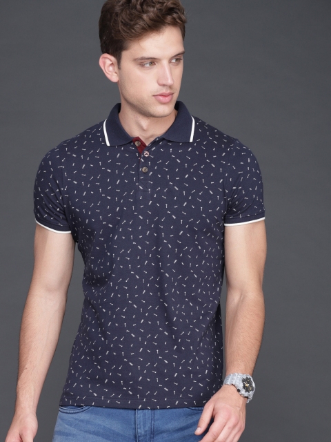 

WROGN Men Navy Blue Printed Polo Collar T-shirt