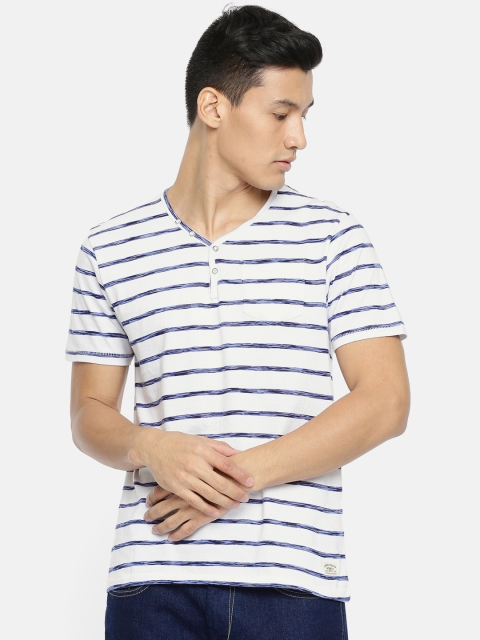

Bossini Men White & Blue Striped Henley Neck T-shirt