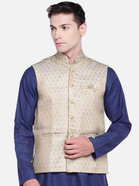 

Ethnicity Men Beige Woven Design Nehru Jacket
