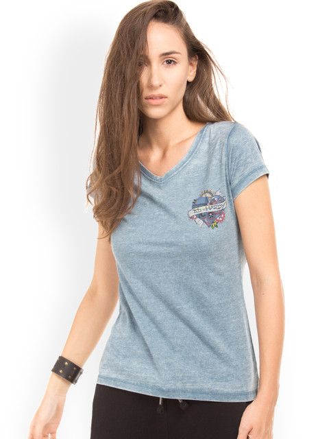 

Ed Hardy Women Blue Solid V-Neck T-shirt