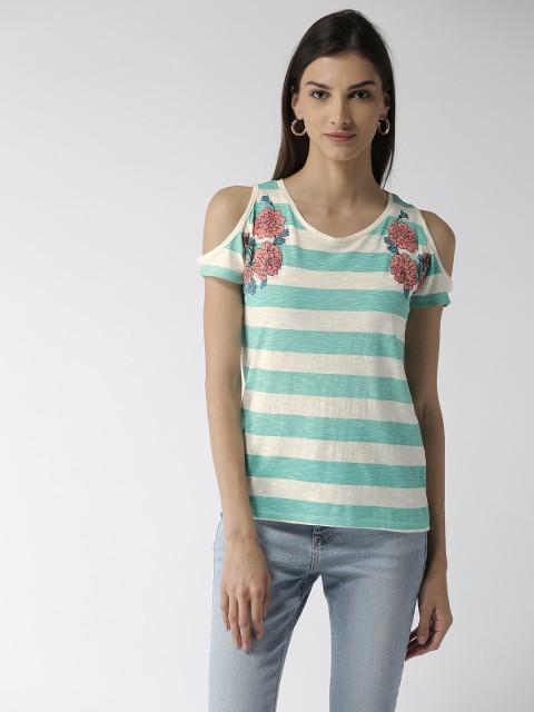 

Flying Machine Women White & Sea Green Striped Top with Printed Detail