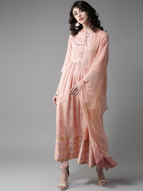 

Moda Rapido Women Peach-Coloured & Golden Printed Kurta with Churidar & Dupatta
