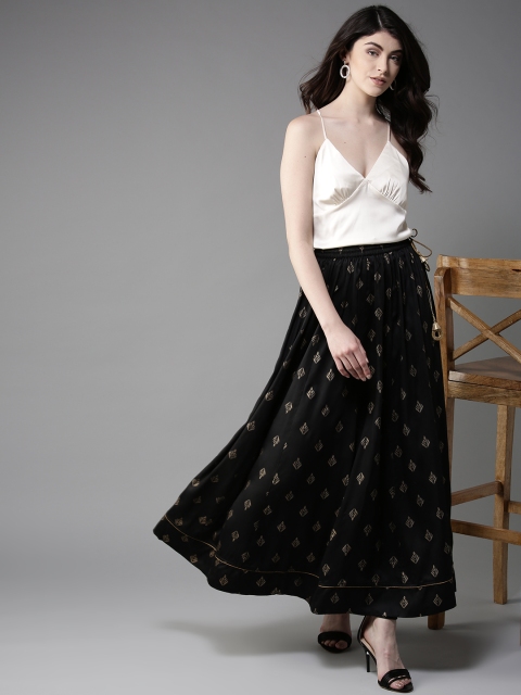 

Moda Rapido Women Black & Golden Printed Flared Maxi Skirt