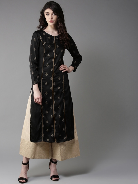 

Moda Rapido Women Black & Golden Printed Straight Kurta