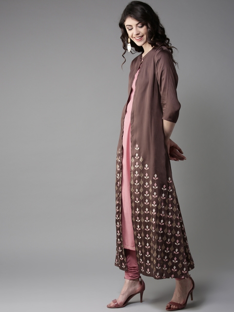 

Moda Rapido Women Pink & Brown Solid Straight Kurta with Ethnic Jacket