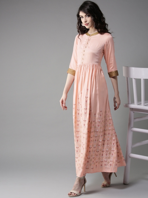 

Moda Rapido Women Peach-Coloured & Golden Printed A-Line Kurta