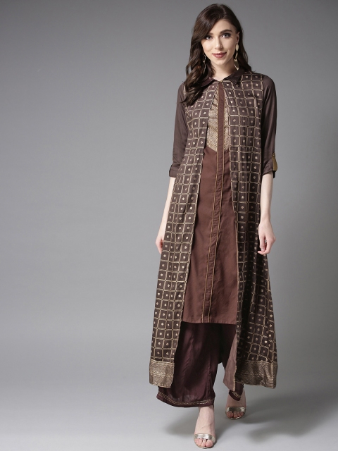 

Moda Rapido Women Coffee Brown & Golden Yoke Design Layered Kurta with Palazzos