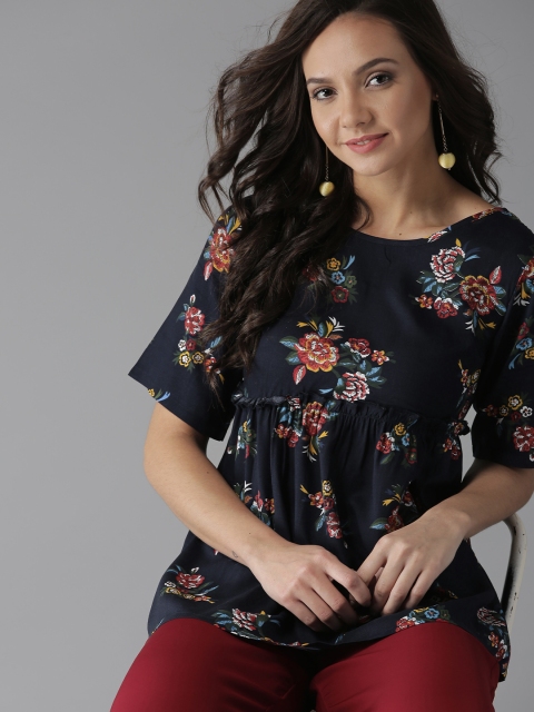 

HERE&NOW Women Navy Blue & Red Printed A-Line Top