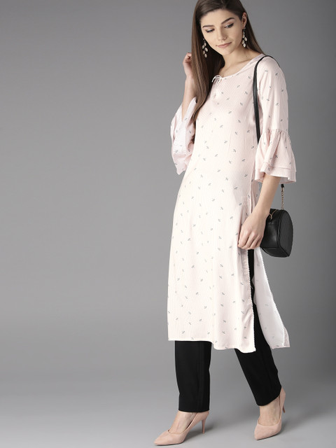

HERE&NOW Women Pink & White Striped with Quirky Detail Straight Kurta