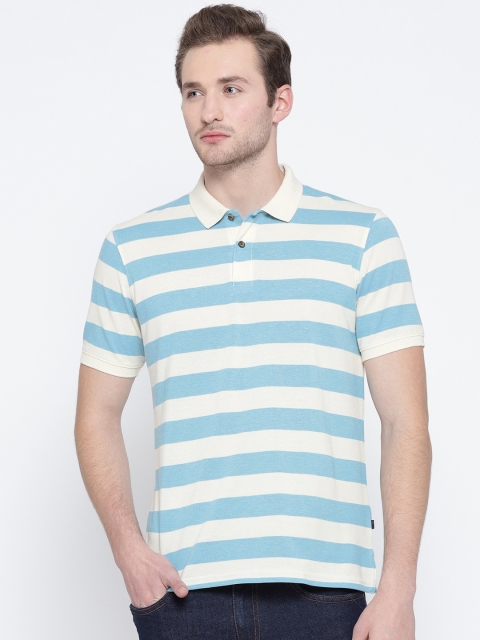 

Peter England Casuals Men Blue & Off-White Striped Polo Collar T-shirt
