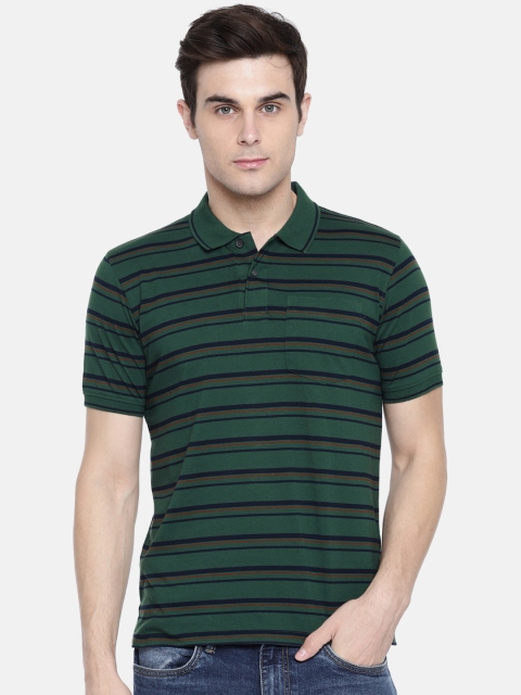 

Peter England Casuals Men Green, Navy Blue & Brown Striped Polo Collar T-shirt