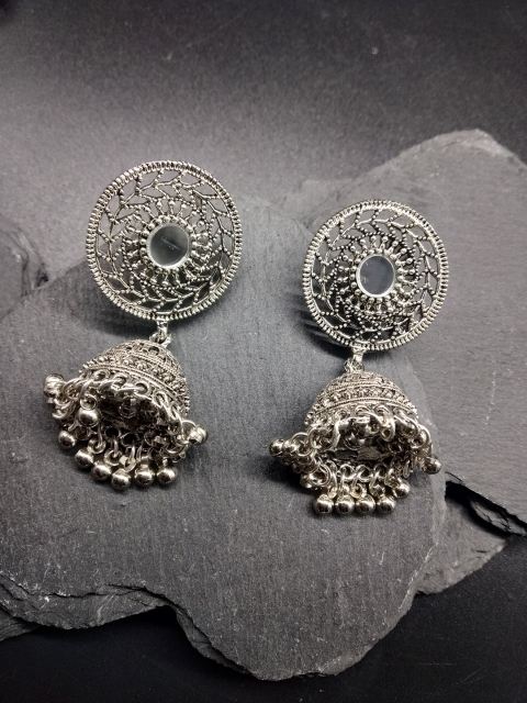

Fida Silver-Toned Dome Shaped Mirrored Jhumkas