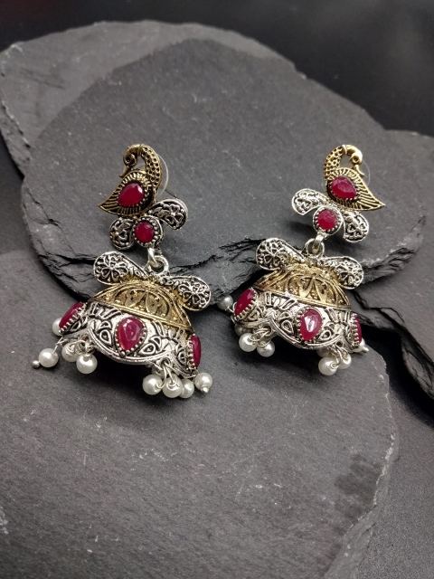 

Fida Silver-Toned & Pink Dome Shaped Jhumkas