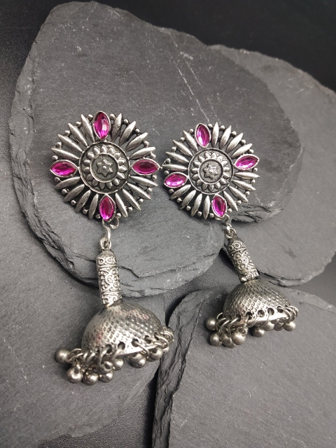 

Fida Silver-Toned & Pink Dome Shaped Oxidised Jhumkas