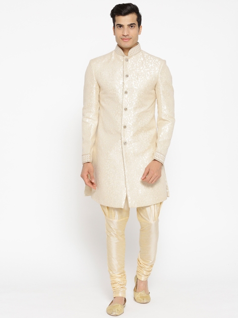 

Manish Creations Men Off-White & Cream-Coloured Woven Design Sherwani