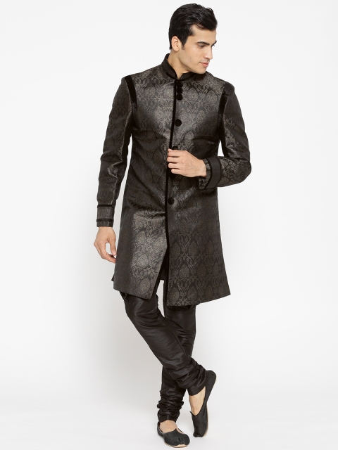 

Manish Creations Black Woven Design Sherwani