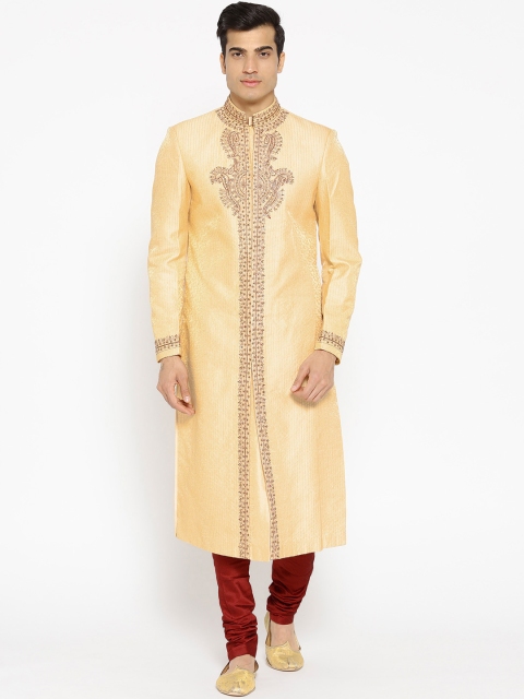 

Manish Creations Beige & Maroon Silk Self Striped Sherwani with Embroidered Detail