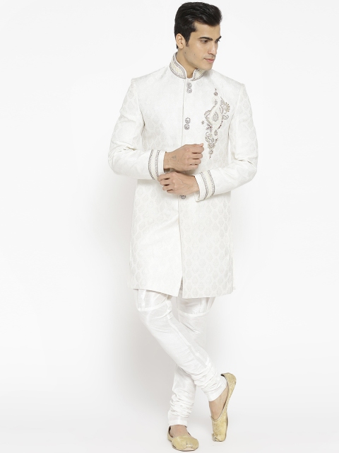 

Manish Creations Men White Self-Design Sherwani