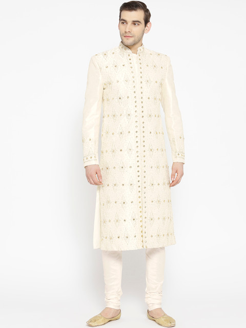 

Manish Creations Men Off-White & Golden Silk Embroidered & Embellished Sherwani