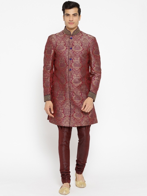 

Manish Creations Burgundy Handicraft Woven Design Sherwani