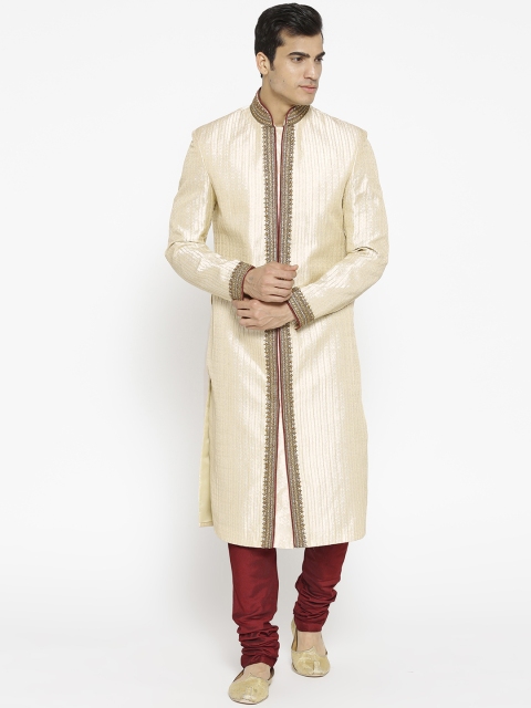 

Manish Creations Men Off-White & Maroon Self-Striped Handcrafted Sherwani