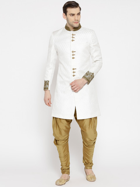 

Manish Creations Men White & Golden Paisley Pattern Sherwani