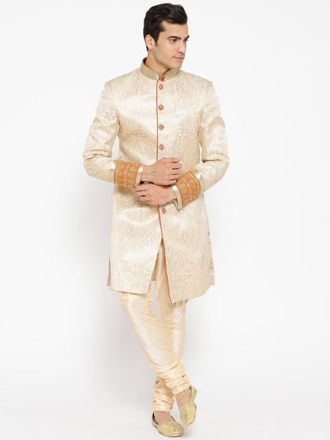 

Manish Creations Men Beige & Golden Woven Design Handicraft Sherwani