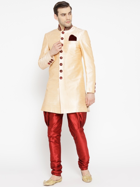 

Manish Creations Men Beige & Maroon Solid Sherwani