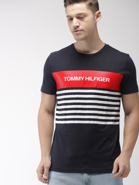 

Tommy Hilfiger Men Navy & White Striped Round Neck T-shirt, Navy blue