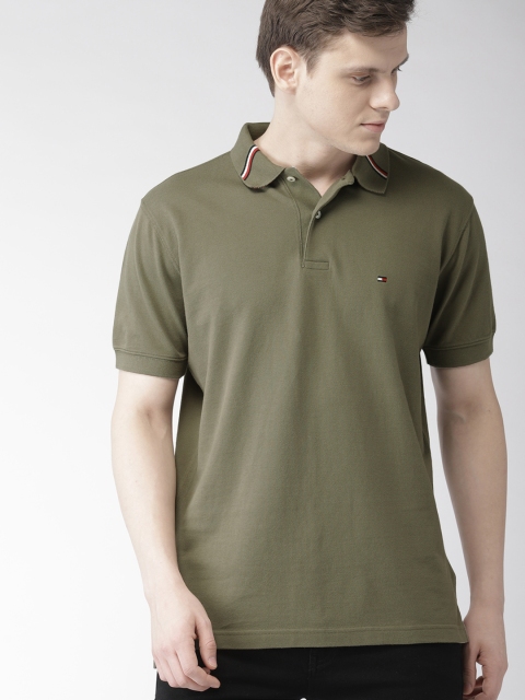 

Tommy Hilfiger Men Olive Green Solid Polo Collar T-shirt