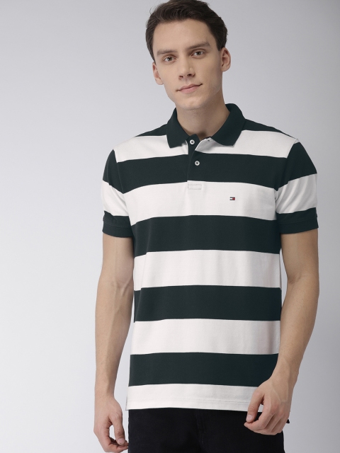 

Tommy Hilfiger Men Navy Blue & White Regular Fit Striped Polo Collar T-shirt