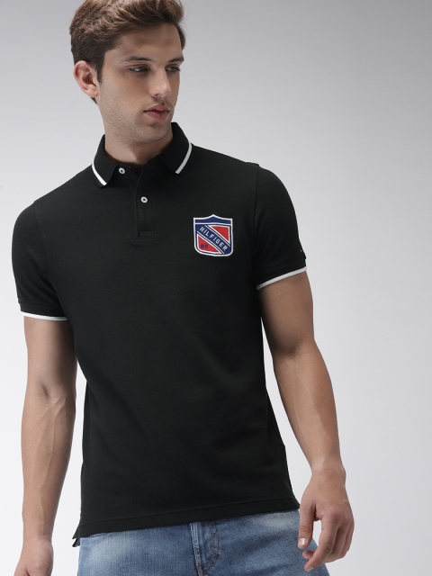 

Tommy Hilfiger Men Black Solid Polo Collar Pure Cotton T-shirt