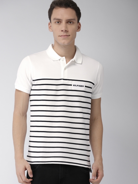 

Tommy Hilfiger Men White & Black Striped Polo Collar T-shirt