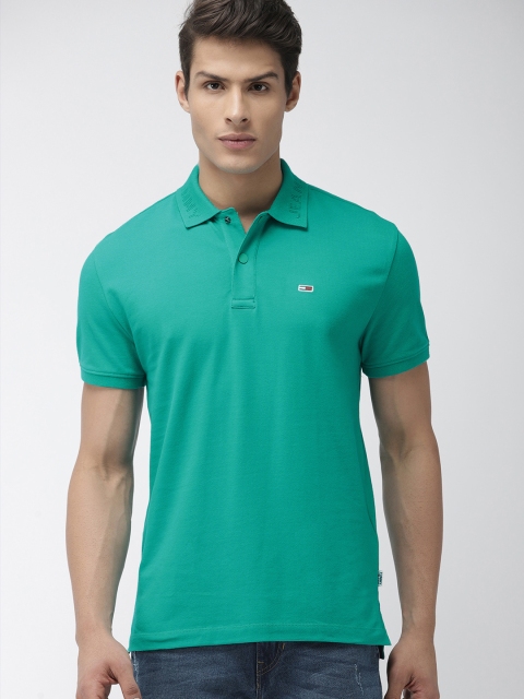 

Tommy Hilfiger Men Teal Green Regular Fit Solid Polo Collar T-shirt
