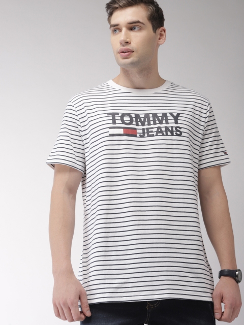 

Tommy Hilfiger Men White & Navy Striped Round Neck T-shirt
