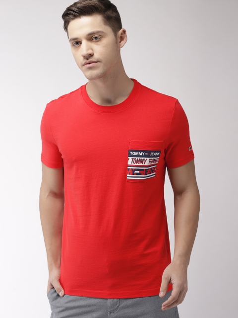 

Tommy Hilfiger Men Red Solid Round Neck T-shirt with Pocket Detailing
