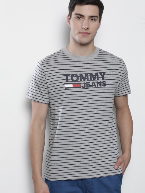 

Tommy Hilfiger Men Grey Melange & Navy Striped Round Neck T-shirt
