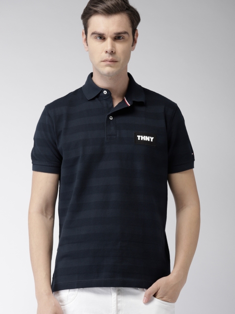 

Tommy Hilfiger Men Navy Blue Striped Polo Collar T-shirt