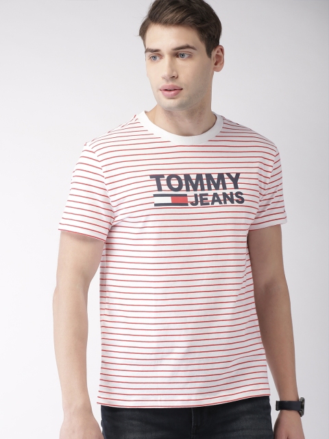 

Tommy Hilfiger Men White & Red Striped Round Neck T-shirt